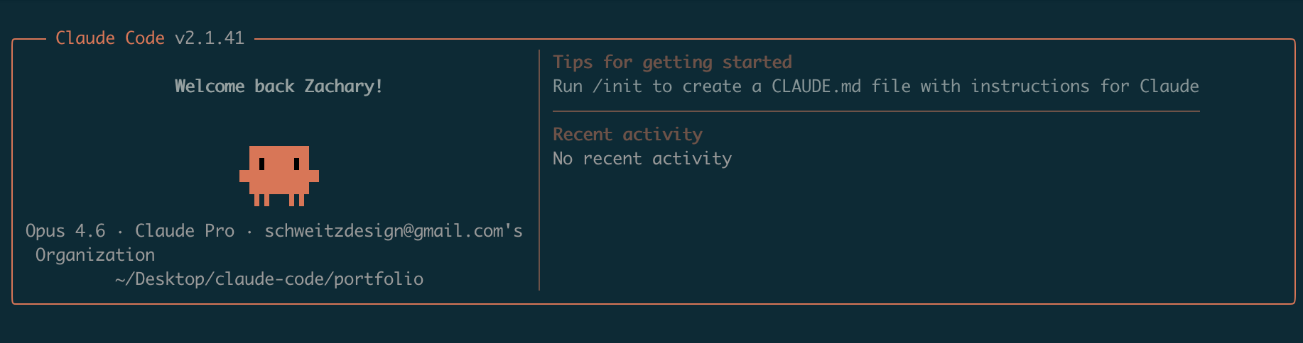 Claude Code terminal session used to build this portfolio